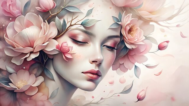 Watercolor woman's face surrounded by pink and white flowers, serene, looking forward - Powered by Adobe