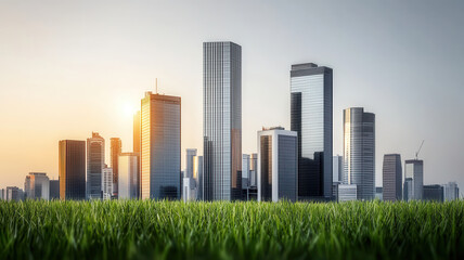 Fototapeta premium Modern city skyline with lush green foreground at sunset