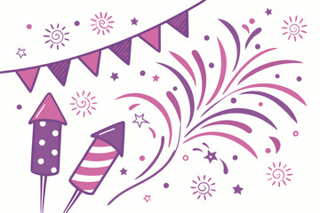 Festive celebration border, colorful fireworks, rocket firecrackers, sparkles, confetti, stars, pink and purple color scheme, white background, party decorations, abstract festive elements, 2D illustr