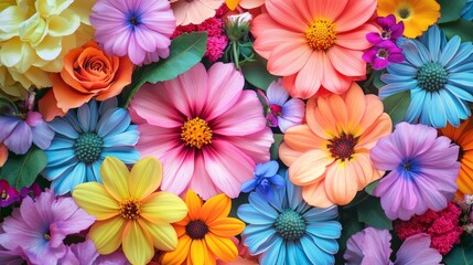 A bouquet of flowers with a variety of colors including pink, yellow, orange