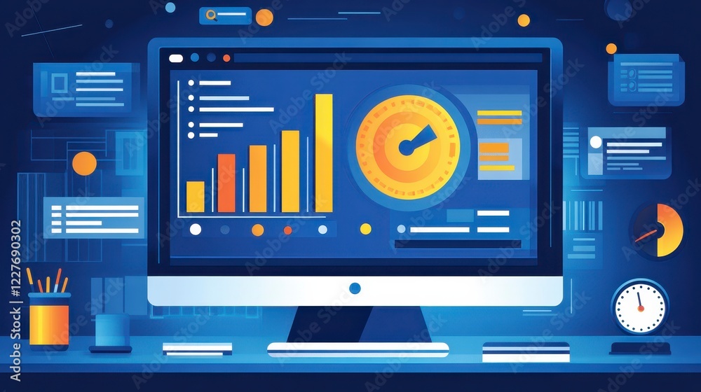 Poster dark blue desktop with computer displaying a data analytics dashboard, featuring charts, graphs, and
