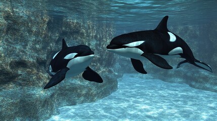 Obraz premium Orcas gracefully swimming beneath the water surface in a serene underwater environment with rocky formations.