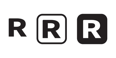 Register mark icon. patent trademark r circle icon set. Registered trademark symbol icons set in black and white strokes.