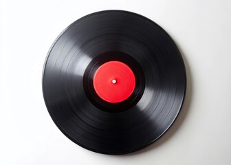 Obraz premium Black Vinyl Record with Red Label on White Background - Minimalist Music Photography