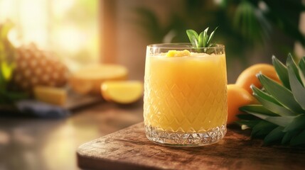 Refreshing pineapple juice in a crystal glass surrounded by fresh ripe pineapples and slices on a wooden table in natural light.