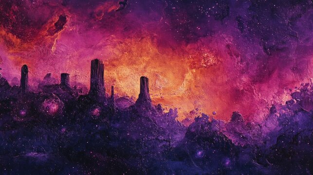 Stunning panoramic view of the cosmos showcasing dormant mega structures illuminated by vibrant twilight hues in a cosmic landscape.