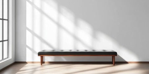 Elegant leather bench in minimalist modern office interior bright sunlight casting shadows on white wall with empty space for text or design