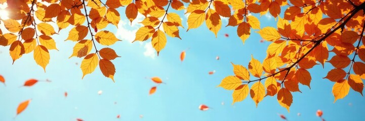 Obraz premium Golden leaves fall from tree branches under blue sky, leaves, autumn