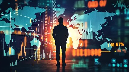 Silhouette of a person contemplating data analytics with a world map and digital graphs in the background - Powered by Adobe