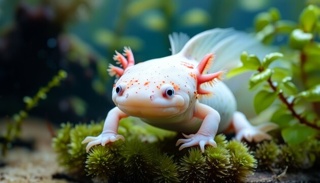 A white salamander swims among the algae in the water