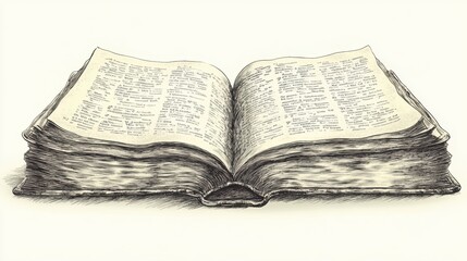 Fototapeta premium Open antique book with aged pages, detailed ink drawing style, cream background, top view. Black ink illustrations on off white pages. Vintage feel