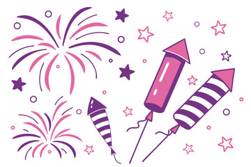 Festive celebration border, colorful fireworks, rocket firecrackers, sparkles, confetti, stars, pink and purple color scheme, white background, party decorations, abstract festive elements, 2D illustr
