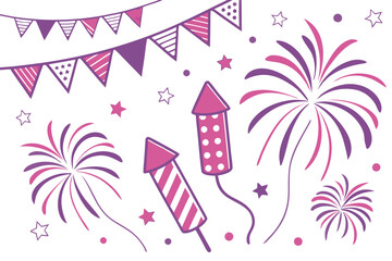 Festive celebration border, colorful fireworks, rocket firecrackers, sparkles, confetti, stars, pink and purple color scheme, white background, party decorations, abstract festive elements, 2D illustr