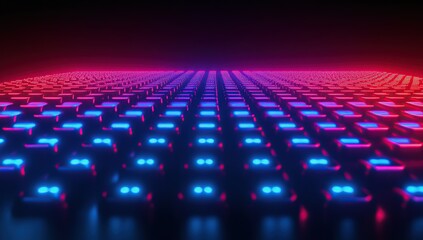 Obraz premium A grid of glowing buttons on the keyboard, glowing in blue and red colors