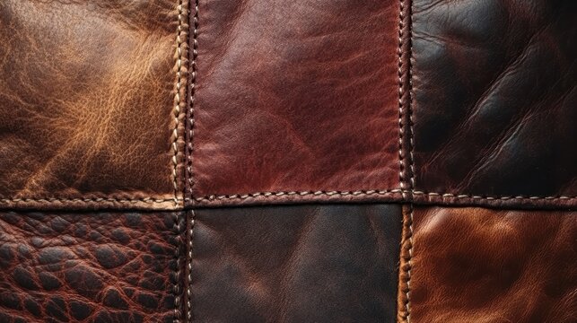 Close up shot of a patchwork of brown leather squares stitched together, showing texture and variations in shade. The image features a variety of