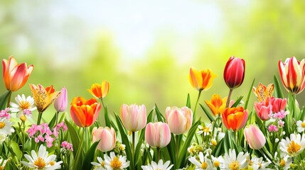 Obraz premium Springtime Floral Arrangement with Colorful Blooms and Fresh Greenery on Soft Background for Stylish Stationery and Gift Designs