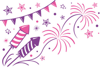 Fototapeta premium Festive celebration border, colorful fireworks, rocket firecrackers, sparkles, confetti, stars, pink and purple color scheme, white background, party decorations, abstract festive elements, 2D illustr