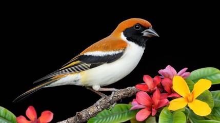 Obraz premium Vibrant Tropical Bird Amidst Colorful Flowers