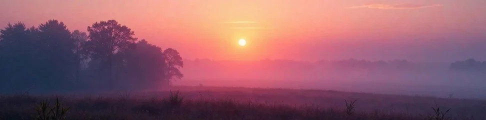 Selbstklebende Fototapeten Soft foggy landscape at sunset, landscape, sunset, fog © OneWayPhoto