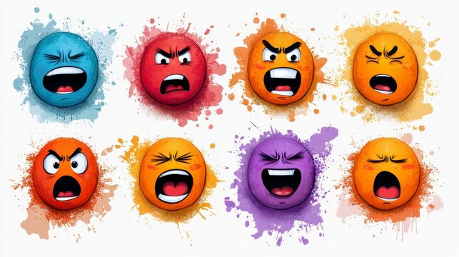 Eight colorful cartoon faces expressing anger, set against watercolor splatters on a white background. Each emoji like face shows a different shade