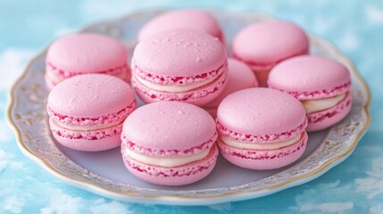 Fototapeta premium Delicate pink macarons beautifully arranged on an elegant plate with a soft blue background for a charming dessert display.