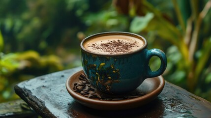 Peruvian Hot Chocolate in Nature's Embrace with Vibrant Green Background and Rustic Presentation