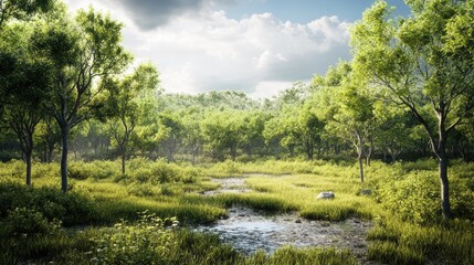 Obraz premium Lush green landscape showcasing tree planting for environmental restoration and biodiversity in a serene natural setting with clear skies.