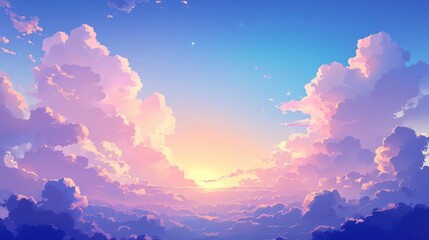 Serene sunset sky background featuring vibrant blue hues and soft fluffy clouds creating a tranquil and picturesque atmosphere.