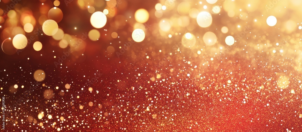 Poster red glittery background with golden bokeh effect creating a festive atmosphere and ample space for t