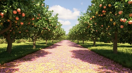 Serene Orchard Pathway Surrounded by Fruit Trees and Blooming Flowers