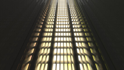 3d Illustration of a futuristic building interior with god rays shining through the windows