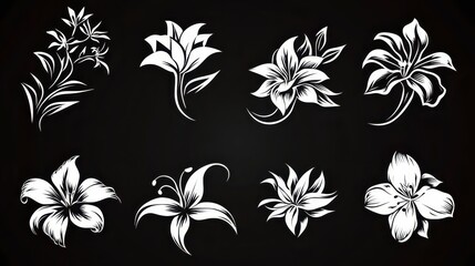 Collection of eight monochrome lily flower illustrations in pixel art style on a dark background. Each lily is depicted in a slightly different pose