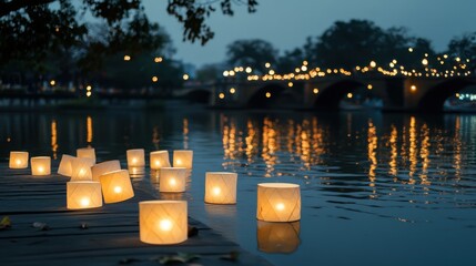 Serenity of Lanterns Illuminating Calm Water at Night
