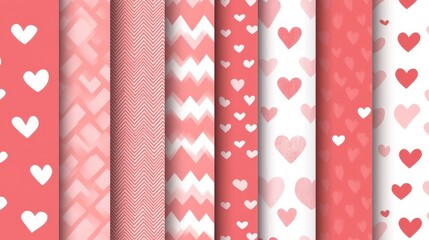 Collection of eight seamless vector patterns featuring various heart designs in shades of pink and red. Perfect for Valentine's Day or romantic