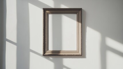 Elegant photo frame mockup on a pristine white wall with soft shadow play showcasing empty space for artwork or photography display.