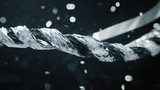 Detailed close-up of a peeling UTP CAT 5e FTP S FTP cable with shiny ribbons highlighted against a blurred dark background.