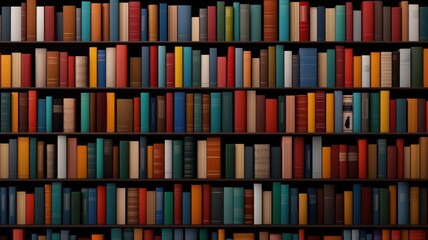 A vibrant bookshelf filled with an array of colorful books, showcasing various sizes and styles, creating a visually appealing literary display.