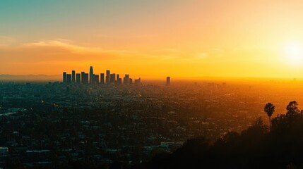 Panoramic cityscape at sunset showcasing a vibrant skyline with silhouettes and warm hues filling the sky over a sprawling urban landscape.