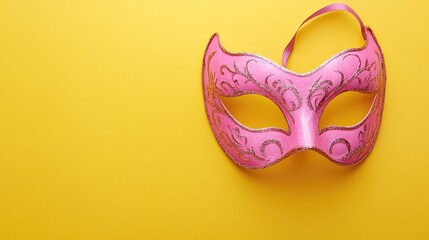 Fototapeta premium Elegant Pink Masquerade Mask with Intricate Design Set Against a Bright Yellow Background for Festive Celebrations and Events
