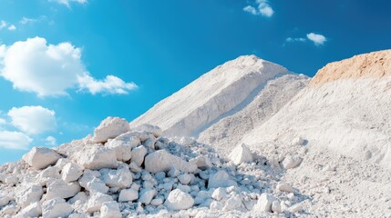 Ore and mineral transportation via conveyor belt to processing facility under bright blue sky mining and quarrying industry concept.