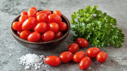 Organic grape tomatoes with fresh parsley and sea salt in a rustic bowl on a textured gray background for healthy food styling and recipes.