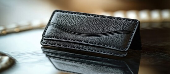 Elegant premium black leather cardholder on polished surface with ample space for personalization and stylish design elements.