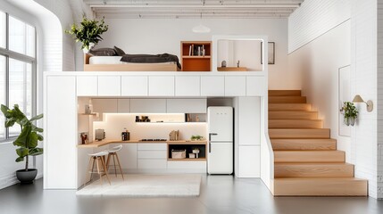 Fototapeta premium Studio apartment with a loft sleeping area, modular furniture, and hidden storage, optimizing floor space