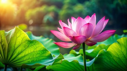 Obraz premium Blooming Pink Lotus Flower in Serene Pond with Lush Green Leaves - Stock Photo