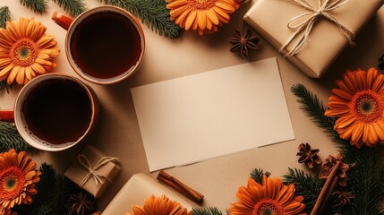 Cozy holiday still life with blank postcard