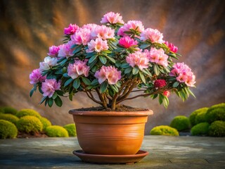 Fototapeta premium Blooming Rhododendron in Orange Pot - Long Exposure Spring Flower Photography