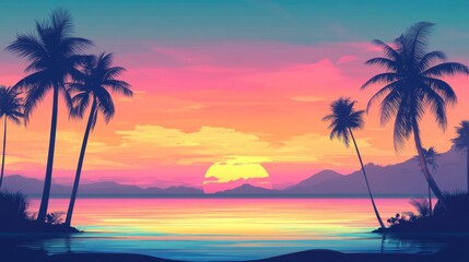 Obraz premium Tropical palm trees silhouette at sunset over calm waters with vivid colors and serene coastal landscape ideal for text overlays