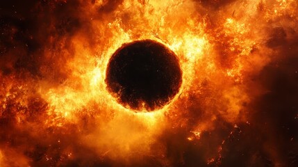 Fiery orange and yellow flames surround a dark central circle, creating a fiery ring effect against a dark background. The image evokes intense heat