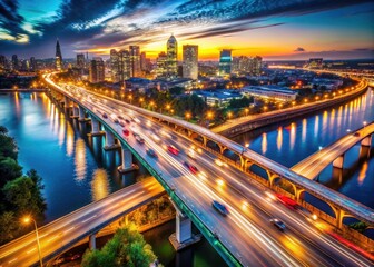 Fototapeta premium Aerial bokeh captures Jackson Street Bridge's nighttime traffic flow, city lights twinkling below.