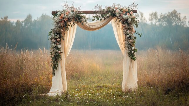 Romantic rural wedding arch adorned with flowers set against a serene natural backdrop in a meadow. Perfect for outdoor wedding themes.